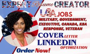 I will write federal, military, veteran, executive, usajob, ksa, canadian, CEO resume