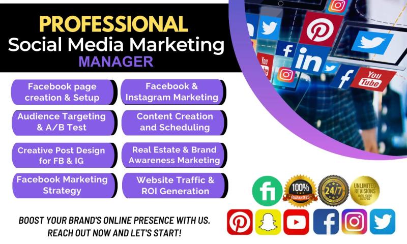 I will be your social media marketing manager, content creator digital marketing expert