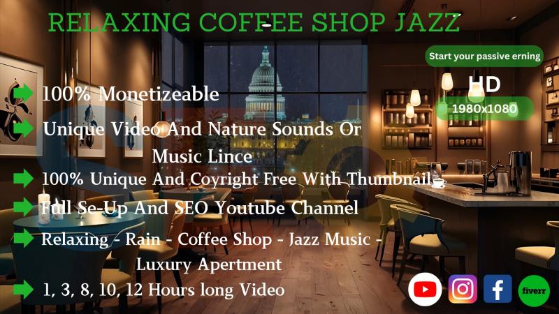 I will make cozy coffee shop rain ambient video with natural sound relaxing rain video