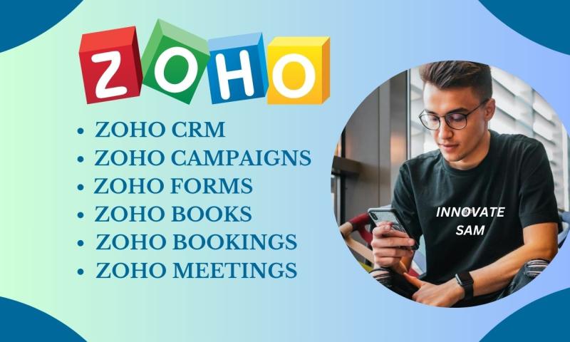 I will set up Zoho CRM, Zoho Campaigns, Zoho Forms, Zoho Books, Zoho Bookings, Zoho Meetings