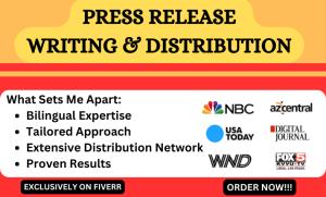 I will do press release, submit press release writing, press release distribution
