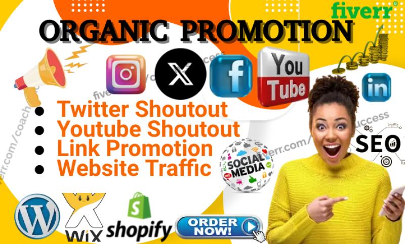 I will do organic Twitter, website share link promotion, shoutout to 800m USA UK FB IG