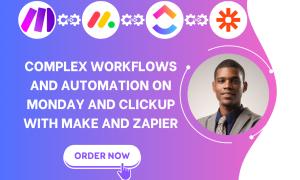 I will do project management on monday crm monday com clickup asana integromat zapier