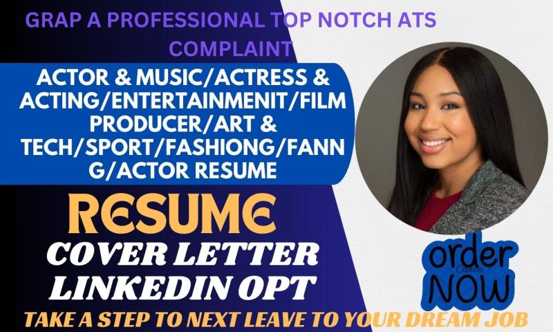 I will write actor, actress, acting, media, film, music resume and cover letter