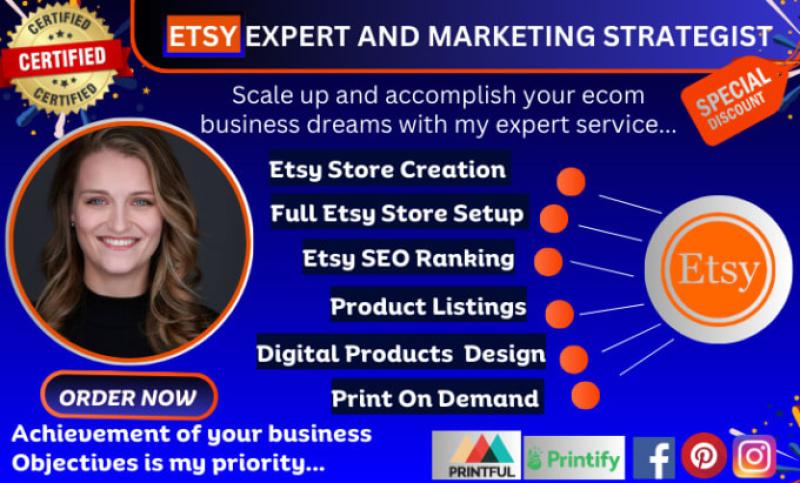 I will create, design, and set up your Etsy shop, digital product with SEO listings