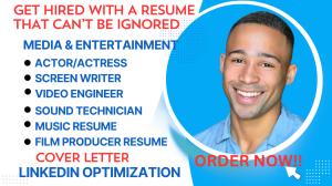 I will write entertainment, media, film producer, music, actor, camera operator resume