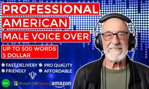 I will record a professional American male voice over