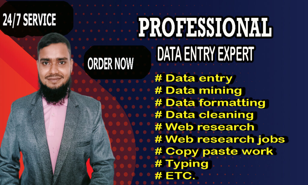 I will fast data entry, web research, typing and web data scraping
